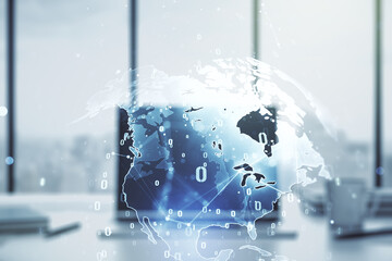 Aufkleber - Multi exposure of abstract software development hologram with world map on laptop background, global research and analytics concept