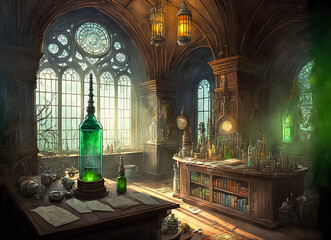 Canvas Print - Wizard laboratory, interior of vintage palace with stained-glass windows