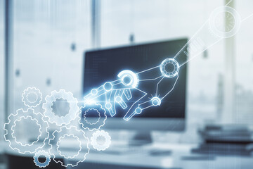 Aufkleber - Creative abstract robotics technology sketch on modern laptop background, future technology and AI concept. Double exposure