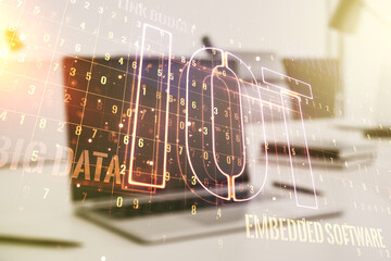 Aufkleber - Creative IOT concept on modern laptop background. Multiexposure