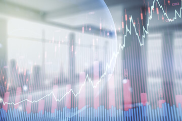 Poster - Multi exposure of virtual creative financial graph and world map on empty corporate office background, forex and investment concept