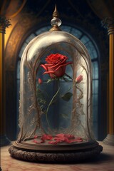 A shining rose under a glass cae as in beauty and the beast