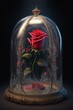 A shining rose under a glass cae as in beauty and the beast