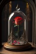 A shining rose under a glass cae as in beauty and the beast