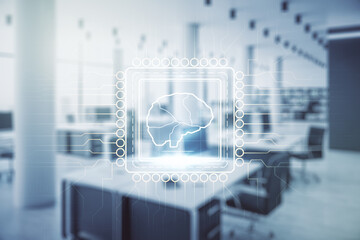 Poster - Double exposure of creative artificial Intelligence interface on modern corporate office background. Neural networks and machine learning concept