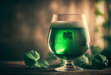 Green Saint Patrick Day Craft Lager Beer In Beer Mug Glass. St. Patrick Day Festival Concept. Generative AI