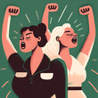 two women together with fists raised protesting, flat design illustrated painting retro style, generative ai