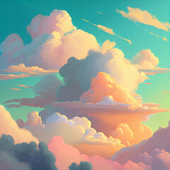 Wall Mural - cyan, pastel sweet, dramatic cloudscape, clouds and sunlight painting in animated style