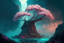 Springtime Cherry Tree With Delicate Blossoms Of Renewal Growing Through The Ages On Top Of A Foggy Rocky Cliff With Waterfalls And Grand Towering Mountains - Generative AI Illustration.