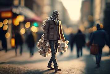 portrait of a paper man walking on urban street with blur crowd of people are rush walking on street in urban city at day time as background, idea for feeling lonely, feel not belonging to anywhere