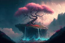 Springtime Cherry Tree With Delicate Blossoms Of Renewal Growing Through The Ages On Top Of A Foggy Rocky Cliff With Waterfalls And Grand Towering Mountains - Generative AI Illustration.