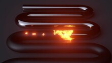 A Bright Neon Fire Moves Along A Curved Tube, Turning A Glossy Surface Into A Matte One. Particle Trail. Red Black Color