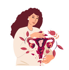 Woman Holding in Hands Beautiful Female Reproductive System with Flowers.Care of Womb,Uterus.Female Health,Fertility.Women OvariesVagina Symbol.Feminine Menopause Gynecology,Female Organs.Illustration