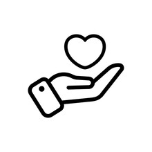 Hand And Heart Line Icon. Gift, Take Care Of The Heart, Friendship, Relationship, Holiday, Care, Love, Event, Souvenir, Reward, Gift. Relationship Concept. Vector Black Line Icon On White Background