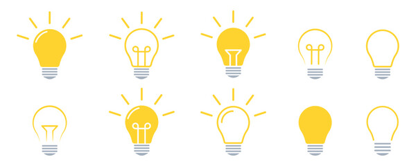 Set of light bulb vector icons. Yellow icons lamps or bulb and rays. Lightbulb. Symbol for idea and science. 