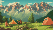 Sunny Day Landscape Illustration In Flat Style With Tent, Campfire, Mountains, Forest Water Banner Illustration. Background For Summer Camp, Nature Tourism, Camping Hiking Design. Vintage Camp Style 