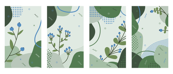 Poster - Set of botanical posters with berries and leaves. Organic shapes and textures. Vector set of berries. Vector illustration