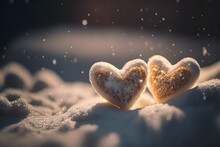 Hearts In Snow. Valentine's Day. Illustration. Generative AI