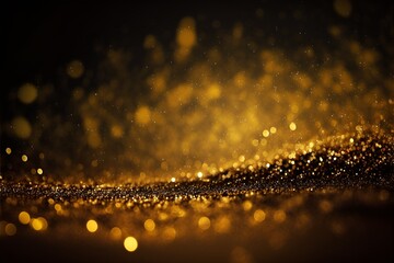 Golden blurred bokeh light glowing backdrop. White bokeh defocused night lights background. Gold shiny particles gradient illustration