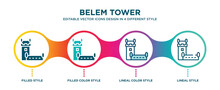 Belem Tower Icon In 4 Different Styles Such As Filled, Color, Glyph, Colorful, Lineal Color. Set Of Belem Tower Vector For Web, Mobile, Ui