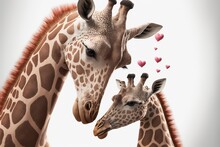 Momma And Baby Giraffe Cuddling With Hearts In The Air, Valentine’s Day. Generative AI

