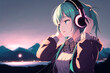 Girl with headphones. Anime style wallpaper. AI
