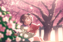 Girl Reading A Book Under Blooming Sakura Tree. Anime Style Wallpaper. AI