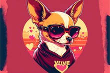  A Dog Wearing Sunglasses And A T - Shirt With A Heart On It's Chest And A Heart On Its Chest, With A Background Of Hearts And A Sunset And A Red Background., Generative Ai