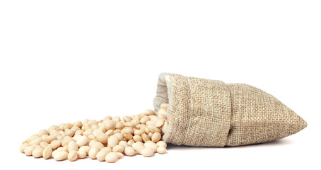 Wall Mural - Burlap sack with white beans spilling out over a white background
