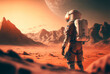 © AIproduction - Astronaut in spacesuit on Mars, alone man walking on red planet, generative AI