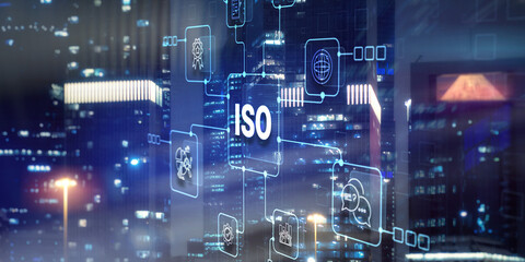 Quality standards ISO business technology concept on city background