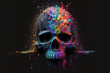 Wall Mural -  a colorful skull with splattered paint on it's face and neck, with a black background and a black background with a black background with a white border and a black border., generative ai