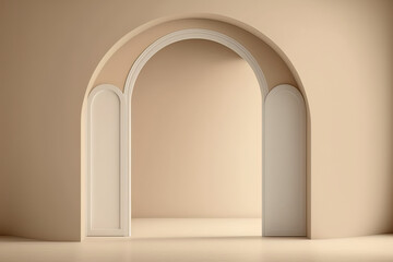 Canvas Print - empty light beige wall room with arch door. Minimal interior background for product presentation. Generative AI