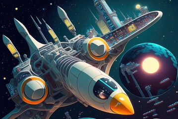 Wall Mural - Spaceship, space station, or future metropolis amid the stars in a futuristic cartoon Generative AI