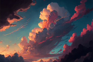 Wall Mural - angled colorful dramatic cloudscape, clouds and sunlight painting in animated style