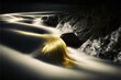  a stream of water flowing over rocks in a river at night with a yellow light on it's side and a black background with a white border and yellow border with a black border., generative ai