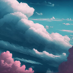 Wall Mural - dramatic blue sky cloudscape, clouds and sunlight painting in animated style