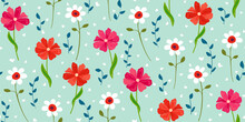 Floral Fashion Print Pattern Design. Hand Drawn Painting Spring Small Flowers. Floral Seamless Blue Background. Little White, Red And Pink Color Meadow Flowers And Tiny Valentine Hearts