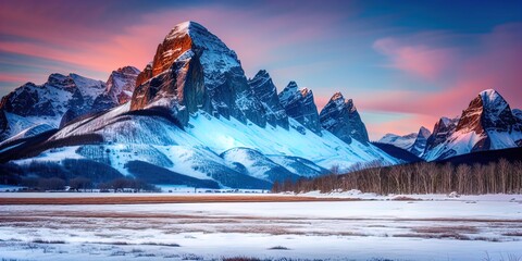 Poster - A snow covered plain with snowy mountains in the background. 