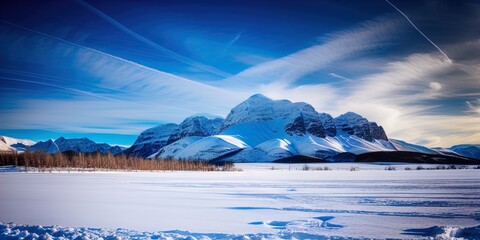 Wall Mural - A snow covered plain with snowy mountains in the background. 