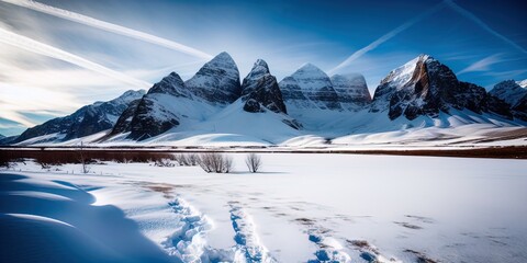 Poster - A snow covered plain with snowy mountains in the background. 