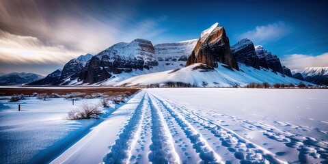 Wall Mural - A snow covered plain with snowy mountains in the background. 