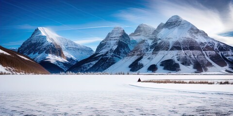 Wall Mural - A snow covered plain with snowy mountains in the background. 