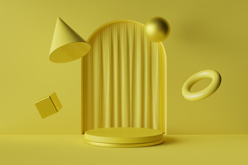 Poster - circular podium with arc door with curtain and floating abstract geometry shape product display 3d rendering illustration background yellow colored theme