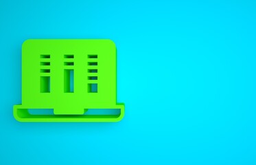 Poster - Green Sound or audio recorder or editor software on laptop icon isolated on blue background. Minimalism concept. 3D render illustration