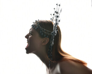 Poster - Close up portrait of beautiful girl in side profile, wearing an ornate silver crown headpiece, glowing silhouette lighting on white studio background.