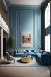 A modern living room, in a minimalist millenium crib, high ceiling and filled with warm blue and khaki colour as the wall blend in with the design of the furniture.	