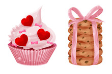 Set Vector Bright Valentines Day Cupcake And Stack Of Oatmeal Cookies, Hearts And Bows, Festive Pastries