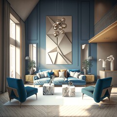 Wall Mural - A modern living room, in a minimalist millenium crib, high ceiling and filled with warm blue and khaki colour as the wall blend in with the design of the furniture.	