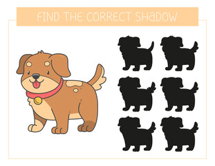 Find the correct shadow game with a dog. Educational game for children. Cute cartoon puppy. Shadow matching game.